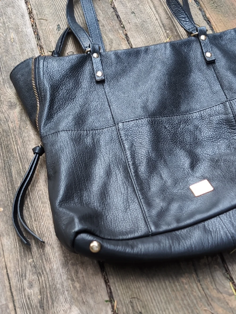 Kooba Black Pebbled Leather Squares Tote Shoulder Bag with Gold Hardware